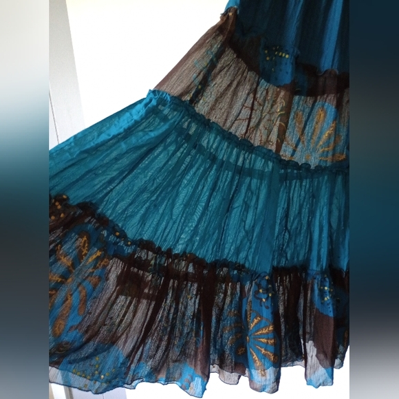 Boho Style Blue & Brown Ruffled Tiered Skirt - Picture 2 of 11